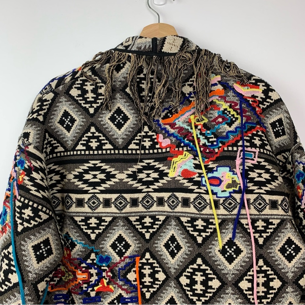 Zara Open Cardigan Jacket Tapestry Fringes Sz XS Oversized Multicolor Aztec Boho - Picture 3 of 15